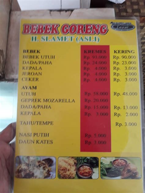 Carta Del Restaurante Bebek Goreng H Slamet Asli Kayoon Surabaya