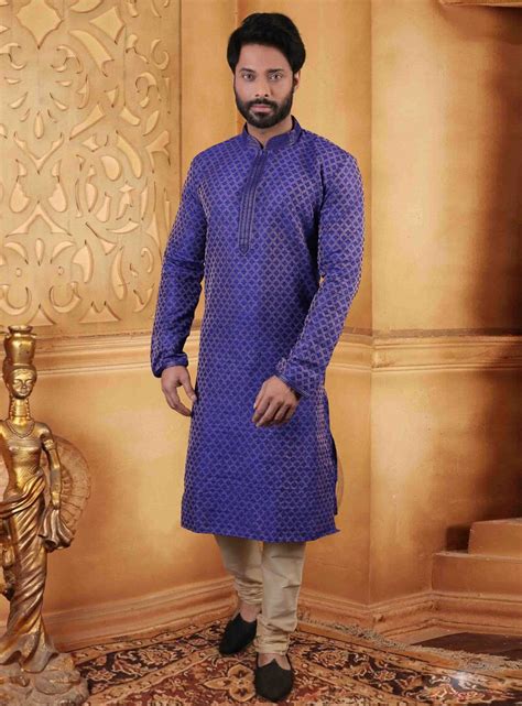 Blue Jute Jacquard Readymade Kurta Pajama 153647 Embroidered Collars How To Dye Fabric Silk