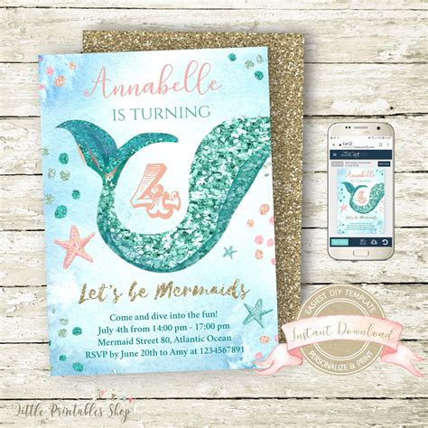 Mermaid Invitation Mermaid Birthday Mermaid Birthday Party Girl Birthday Invitation Mermaid