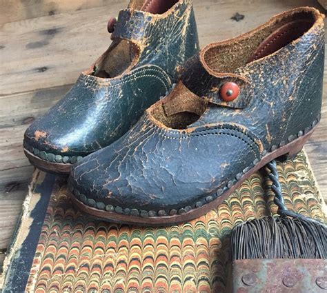 Antique Childrens Shoes Leather With Wooden Sole Navy Rustic Etsy