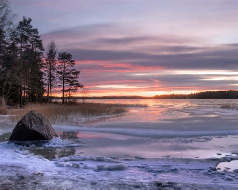 Wallpaper Winter, trees, snow, lake, sunset, clouds, ice 1920x1200 ...