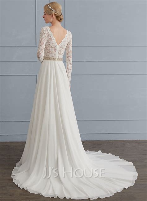 A Line Princess V Neck Court Train Chiffon Wedding Dress With Beading