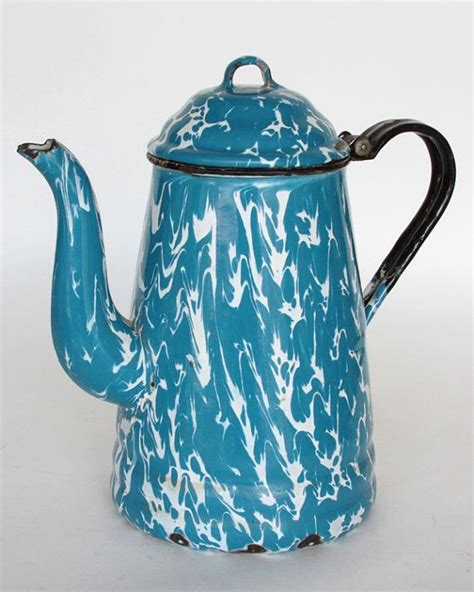 Blue And White Swirl Granite Ware Coffee Tea Pot Etsy Tea Pots Tea