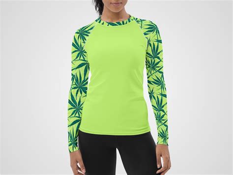 Womens Rash Guard Cannabis Print Long Sleeve Swim Top Womens Swimwear With Sun Protection Surf