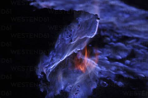 Indonesia East Java Kawah Ijen Volcano Burning Sulphur Stock Photo