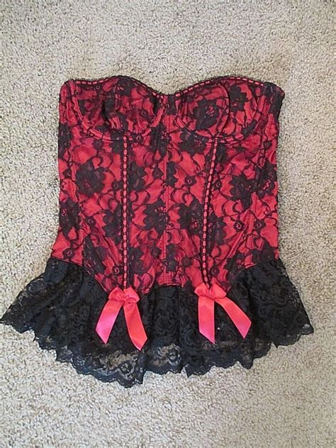 Fredericks Of Hollywood Corset Red Black Lace Satin Ribbons 38 Fredericksofhollywood Corset