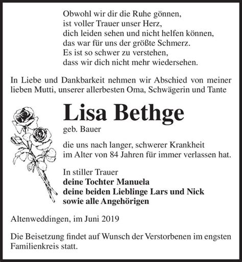 Traueranzeigen Von Lisa Bethge Geb Bauer Abschied Nehmen De