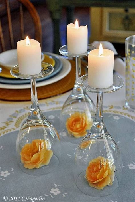 Upside Down Wine Glasses With A Candle On Top For A Wedding Center Piece Hochzeitstischdeko