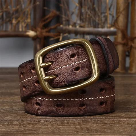 3 8cm Pure Cowskin Genuine Leather Belt Men Brass Copper Double Needle