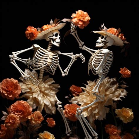 Premium Photo Skeletons In Hats And Flowers In A Field Of Flowers