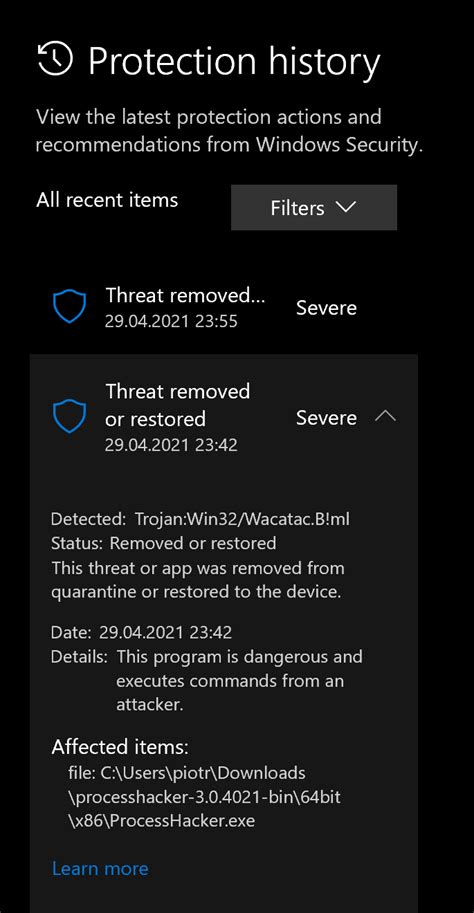 Trojan Win32 Wacatac B Ml Detected In Processhacker 3 0 4021 Bin