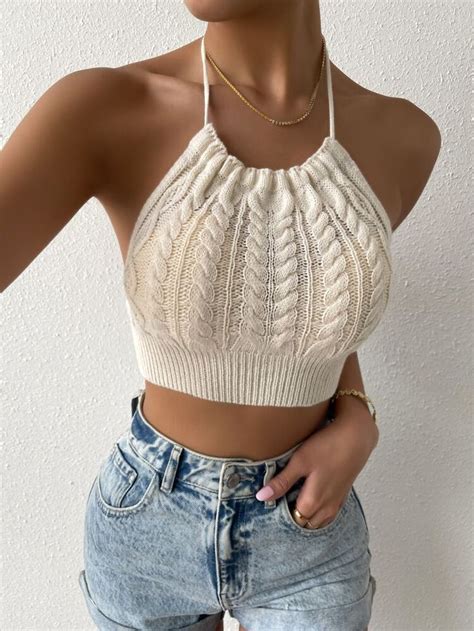 Shein Priv Tied Backless Cable Knit Halter Top Crochet Top Outfit