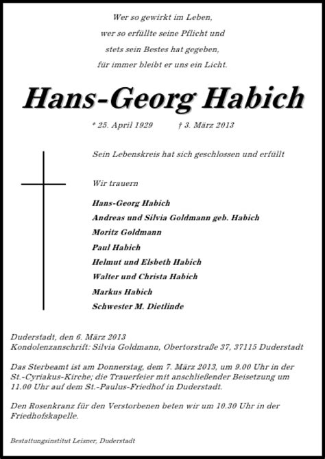 Traueranzeigen Von Hans Georg Habich Trauer Anzeigen De