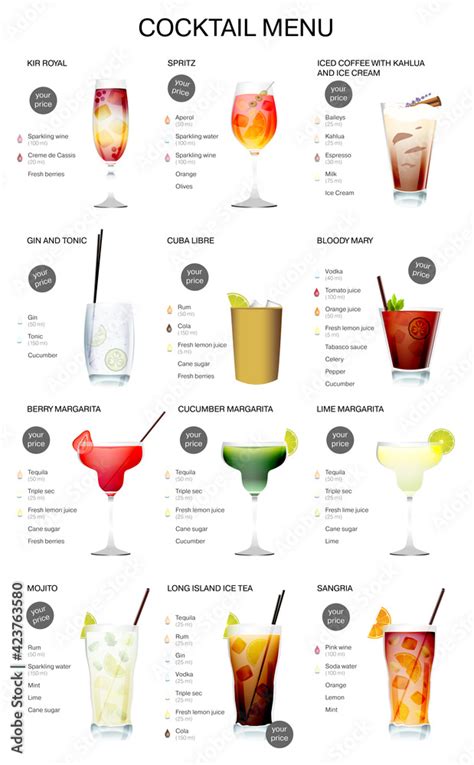 Cocktail Menu With Description Of Cocktail Recipes And Price List A