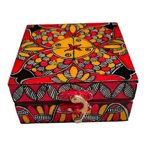 Sheesham Wood Square Mahbubani Painted Wooden Jewelry Box For Home At