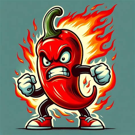 Fiery Hot Pepper Cartoon Character With Flames And Angry Expression