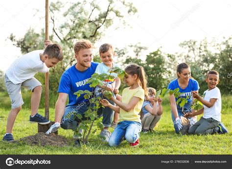 Des Enfants Plantent Des Arbres Avec Des B N Voles Dans Le Parc Image