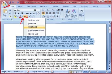 Change UPPERCASE Text To Lowercase In Word 2007