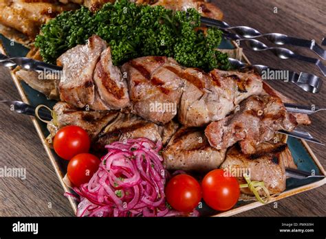 Grilled Chicken And Pork Barbeque Stock Photo Alamy