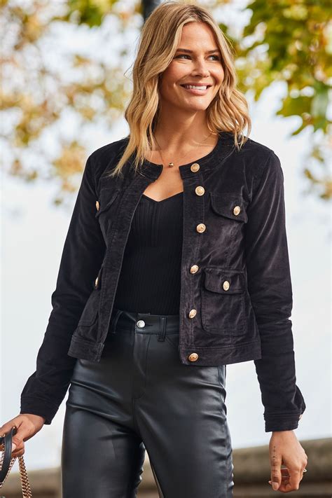 Buy Sosandar Black Velvet Round Neck Pocket Front Denim Jacket From The