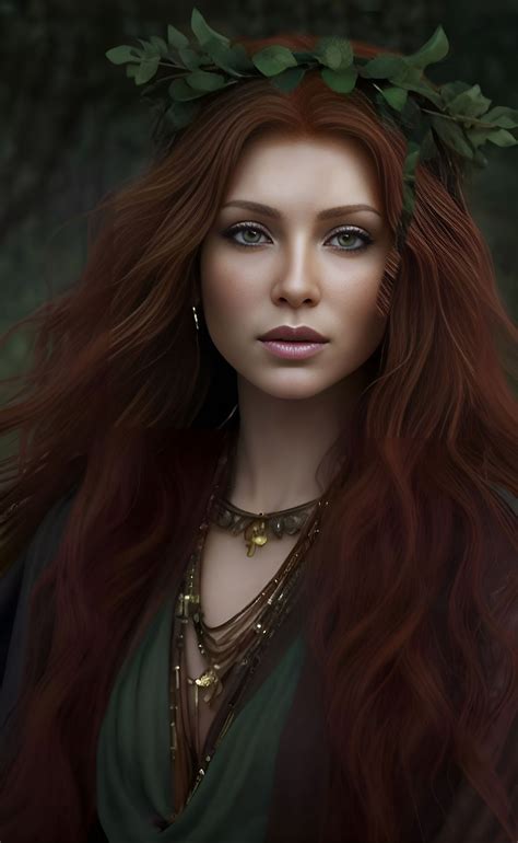 Photorealistic Beautiful Dark Auburn Haired Forest Goddess With