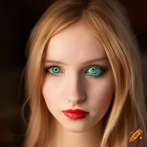 Portrait Of A Strawberry Blonde Woman With Turquoise Green Eyes And Pomegranate Colored Lipstick