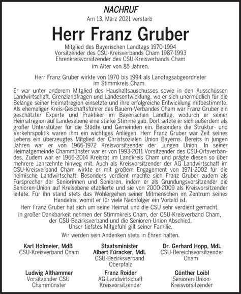 Traueranzeigen Von Franz Gruber Mittelbayerische Trauer