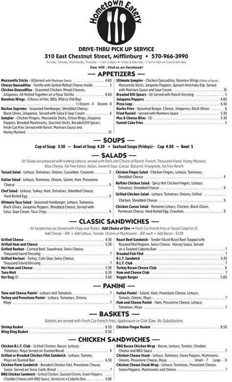 Menu at Hometown Eatery restaurant, Mifflinburg, 310 E Chestnut St