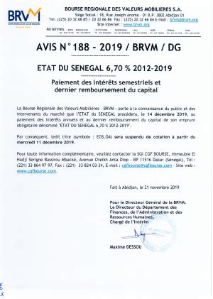 Avis N188 2019 BRVM DG Paiement des intérêts semestriels et