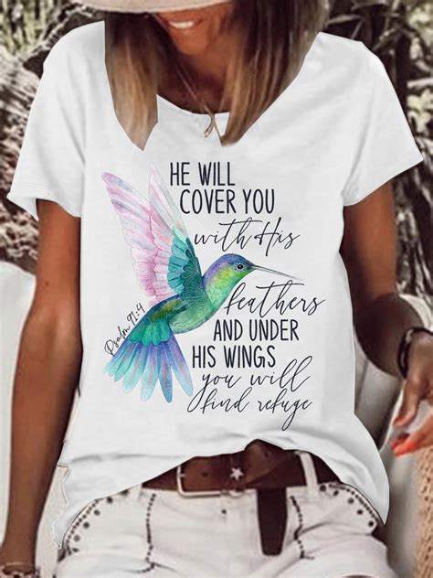 Womens Psalm 914 Hummingbird Cotton Blend Casual Text Letters T Shirt