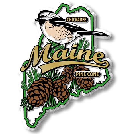 Maine State Bird & Flower Map Magnet design features a Chickadee