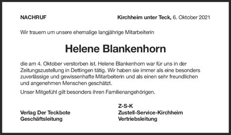 Nachruf Helene Blankenhorn Teckbote Trauerportal