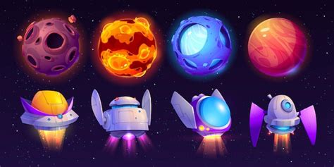 Conjunto De Dibujos Animados De Planetas Alienígenas Y Naves Espaciales Vector Gratis