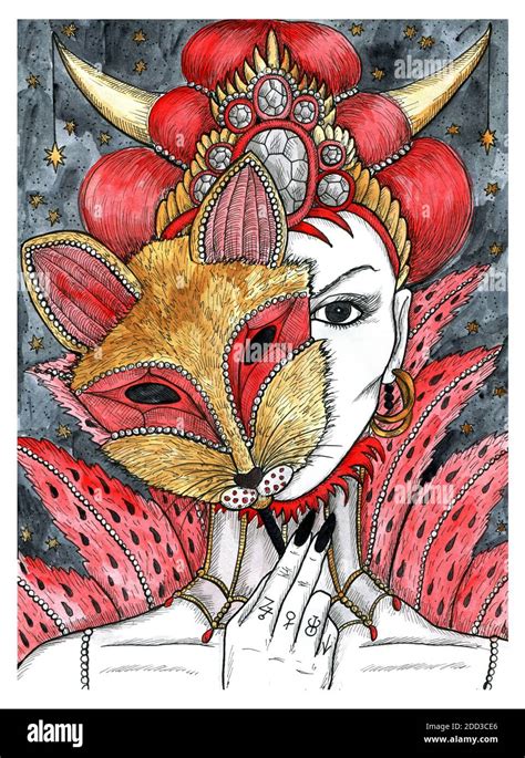 Beautiful woman with masque of fox. Colorful graphic engraved illustration. Fantasy and mystic ...