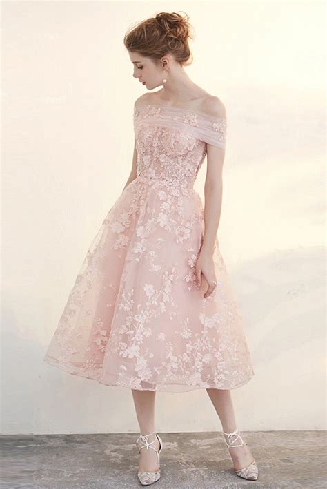 Blush Tea Length Wedding Dresses Off The Shoulder Beautiful Applique