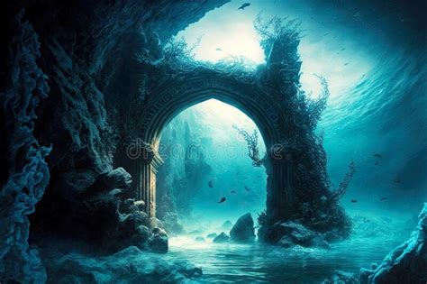 Ancient Arch at Bottom of Sea Diving in Underwater Cave Stock ...