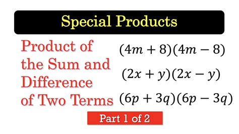 Special Products Product Of Sum And Difference Of Two Terms Part 1