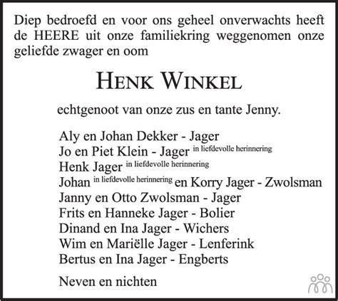 Hendrikus Henk Winkel 29 05 2023 Overlijdensbericht En Condoleances