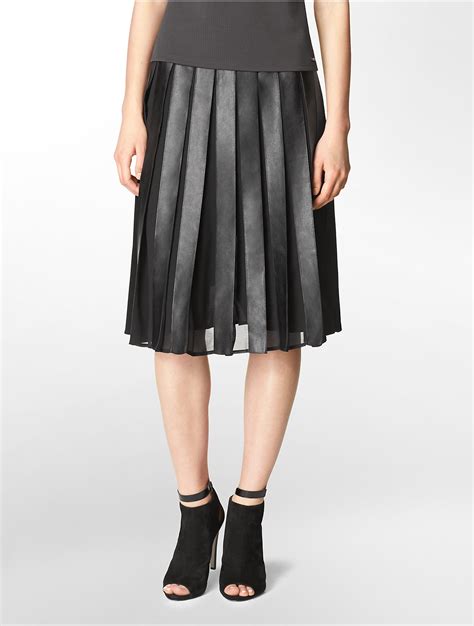 Calvin Klein White Label Faux Leather Chiffon Pleated Skirt In Black