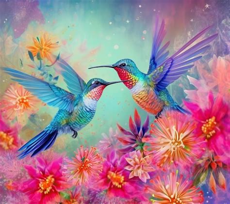 Premium Ai Image A Painting Of Two Hummingbirds With Flowers And The