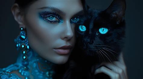 Enigmatic Woman Embracing Mystical Black Cat In Dramatic Nighttime