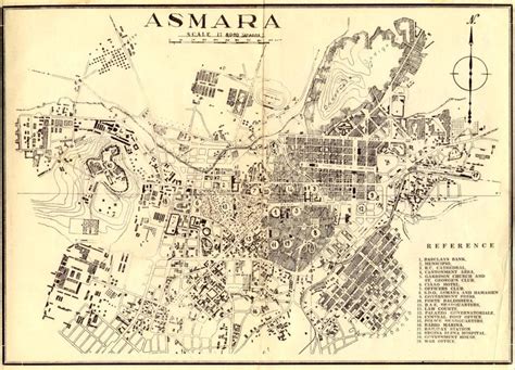 an old map of asmara showing the city and its surrounding area, with some buildings