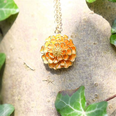 Marigold Orange Flower Pendant Necklace Gold Tone Etsy Uk Flower