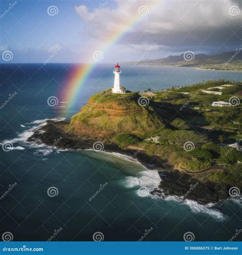 Rainbow Over Hawaii Lighthouse Oahu Stock Image Image Of Sunset
