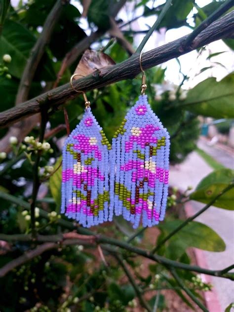 Pink Floral Beaded Fringe Earrings Seed Bead Earrings Dangle Etsy