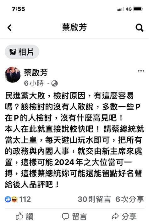 前立委蔡啟芳臉書開炮 怒嗆：蔡英文總統當太上皇就好 政治 中時