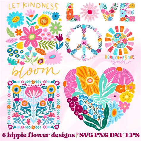 Hippie Flowers Svg And Png Bundle Danish Flower Svg Retro Flower Svg Boho Flower Svg Floral