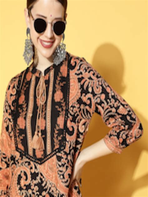 Buy Sangria Black And Peach Coloured Ethnic Motifs Print Tie Up Neck Midi