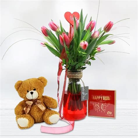 Buy Tulips Bouquet Tulips With Teddy Bear And Chocolates Free Shipping