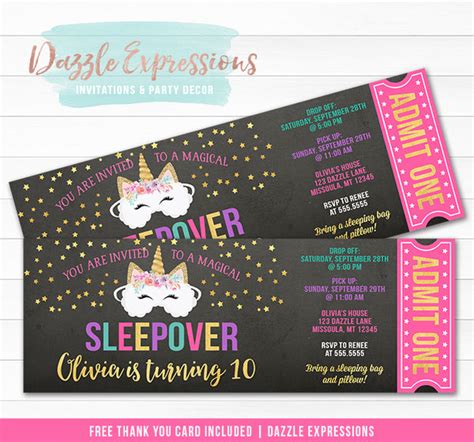 Unicorn Sleepover Chalkboard Ticket Invitation 1 Free Thank You Card